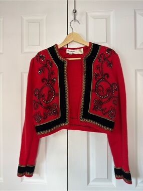 Magnolia Red Cropped Cardigan with Black & Gold Embellishment